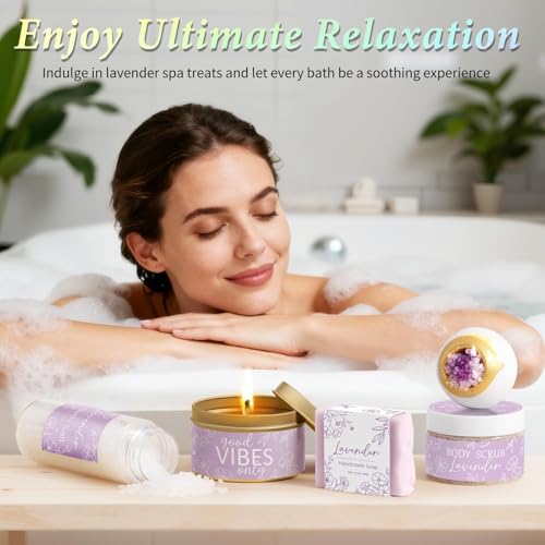 Spa Gifts for Women Bath Gift Set, Lavender Relaxing Spa Gift Baskets Home Bath Set Self Care Kit Care Package Thank You Birthday Mothers Day Easter Gifts for Women Mom Friends Sister Teen Girl Wife - color: Purple-Lavender