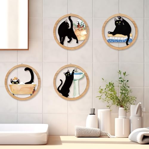 HPNIUB Funny Bathrooms Wall Decor, Black Cats In the Bath Wood Sign, 4 Pieces 10''x10'' Farmhouse Wooden Hanging Sign for Toilet Powder Room Restroom Wall Decoration, Lovely Cat Gifts - color: Funny bathroom