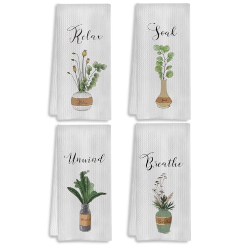 Boho Botanical Bathroom Hand Towels Set of 4, Relax Breathe Soak Unwind Decorative Hand Towels for Gym Yoga Spa Bathroom Decor, 16x24 Inches(Style I) - color: I