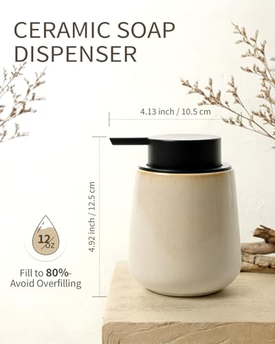 BosilunLife Hand Soap Dispenser - Ceramic Dish Soap Dispenser for Bathroom 12ounce Refillable Liquid Hand Wash Dispenser for Essential Oil, Lotion Soap, Greige with Speckle - color: Greige