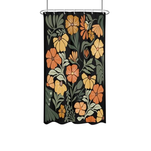 Orange Floral Shower Curtain Stall Small Half Single Mini Black Cute Flower Vintage Farmhouse Rustic Retro Funny Botanical Bohemian Fabric Cloth Bathroom Decor Set 36x72 inch Polyester 7 Hooks - color: Black Orange, size: 36"W x 72"L (Pack of 1)