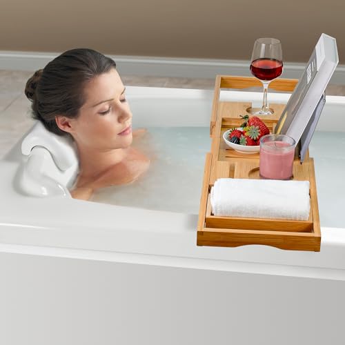 Utoplike Bamboo Bathtub Caddy Tray Bath Tray for Tub, Adjustable Bathroom Bathtub Organizer with Book Tablet Wine Glass Cup Towel Holder - color: Natural