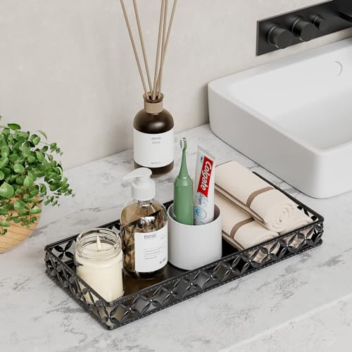 Vanity Tray for Bathroom Counter - 11" x 4.9" Metal Black Decorative Tray | Small Rectangle Tray, Non-Slip Bathroom Countertop Tray, Bathroom Organizer for Perfume Makeup Cosmetic Jewelry Soap - color: Rectangle Floral-black