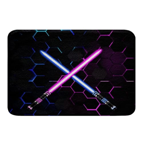 Castle Fairy 3D Purple Blue Light Up Sword Non Slip Bath Mat Kids Boys Honeycomb Bathroom Rug Girls Men Abstract Hexagon Shaggy Absorbent Floor Mat Modern Cool Black Bath Indoor Doormat Decor,16"x24" - color: Lightsaber 02, size: 16" x 24"
