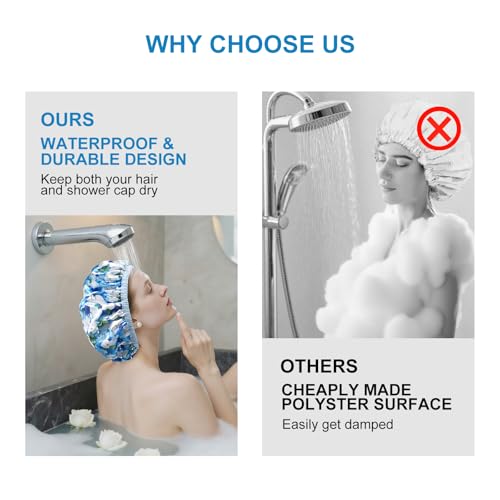 Upgraded Waterproof Terry Shower Caps, Reusable Shower Cap for Women with Long Hair, Soft Absorbent Hair-Protecting Towel Lining Bath Cap, Large Leak-Proof Hair Cap with Fashionable Print Outer-Blue - color: Blue