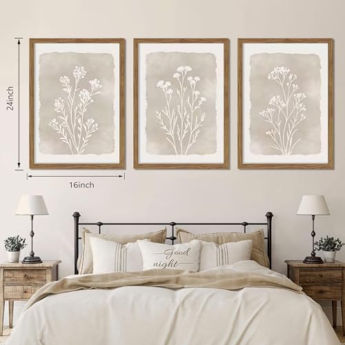 Framed Boho Botanical Flower Wall Art Set of 3, Vintage Minimalist Neutral Floral Wall Decor Paintings, Rustic Farmhouse Wildflower Artwork Prints Picture for Living Room Bedroom Bathroom 16x24 Inch - color: Gray Flowers, size: 24"L x 16"W