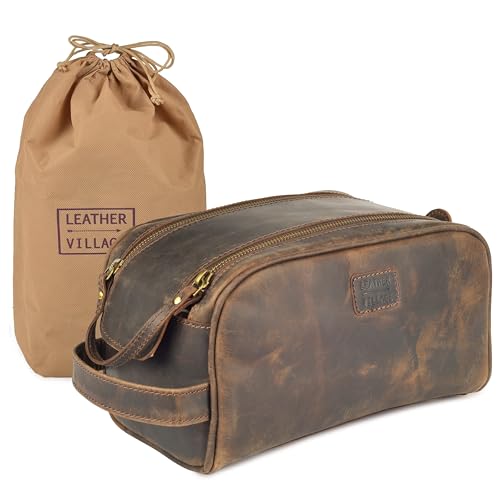 LEATHER VILLAGE Genuine Leather Toiletry Travel Bag With Waterproof Lining - Brown | King-Size Handcrafted Vintage Dopp Kit Bag, Shaving & Bathroom Organizer, Gift for Men & Women - color: Distressed Brown
