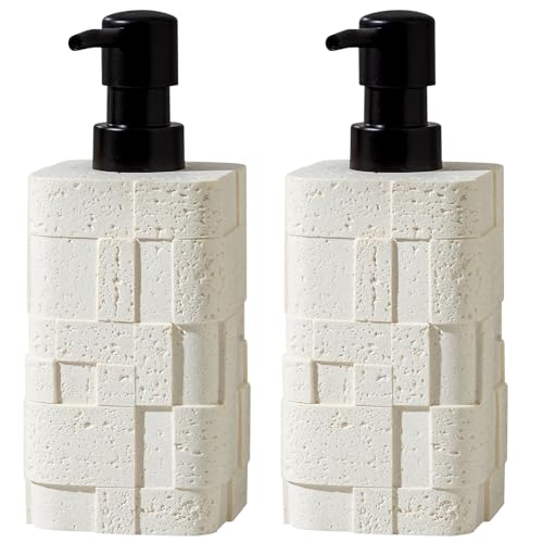 Soap Dispensers 13.5 OZ, 2 PCS Travertine Stone Look, White | Luxurious, Modern, Hand Dish Lotion Shampoo Soap Dispenser Jar with Pump Bottles for Kitchen Sink Bathroom Countertop - color: White