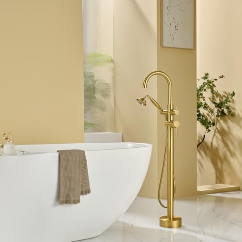 Wowkk Tub Filler Freestanding Bathtub Faucet Brushed Gold Floor Mounted Brass Bathroom Tub Faucets with Hand Shower - color: Brushed Gold