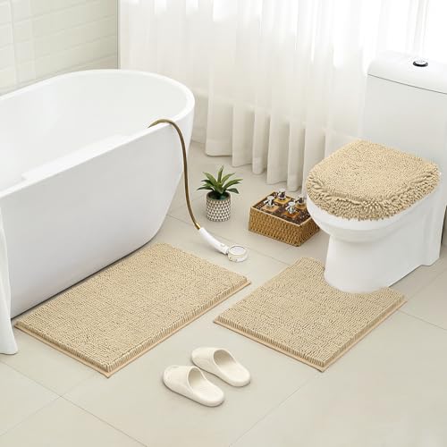 HOMEIDEAS 3 Pieces Beige Bathroom Rugs Set, Ultra Soft Non Slip Bath Rug and Absorbent Chenille Bath Mat, Includes U-Shaped Contour Rug, Bath Mat and Toilet Lid Cover, Perfect for Bathroom, Tub - color: Beige, size: 20"x32"+U 20"x24"+Cover 18"x21"