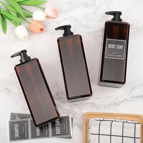 Segbeauty 33.8oz Amber Soap Dispenser Bathroom, 3pcs Plastic Soap Dispenser with Labels, Pump Bottles for Shampoo and Conditioner, 1000ml Large Square Lotion Pump Bottle Refillable Body Wash Container - color: Amber, style: 3pcs