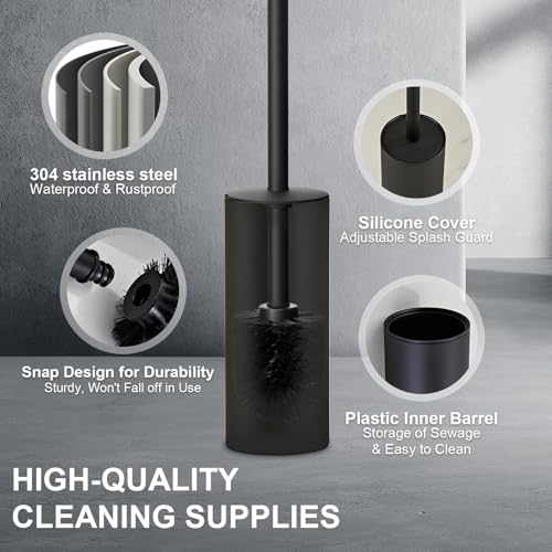 304 Stainless Steel Toilet Bowl Brush and Holder Set, Circular Floor Toilet Brush Holder, Long Handle, Bathroom Heavy-Duty Cleaner, High-End Cylinder Wall, 2 Brush Head (Black) YIGUANXIN - color: H-black