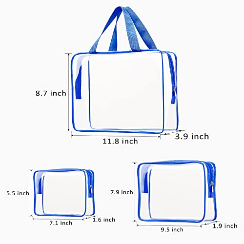 3pcs Clear Toiletry Bag, TSA Approved Toiletry Bags Clear Cosmetic Bag for Women Men, Crystal Clear Makeup Bag Organizer, Clear Travel Bags Zipper Carry on Airport Airline Compliant Bag Luggage Pouch - color: 3pcs Blue-1 large, 1 medium, 1 small