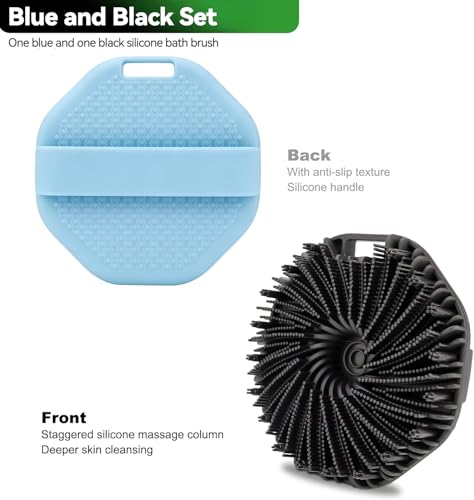 2 Pack Silicone Body Scrubber, Premium Silicone Loofah, Body Scrubber Exfoliator, Silicone Shower Scrubber with Non-Slip Hand Strap for All Skin Types (Black & Blue) - color: Black & Blue
