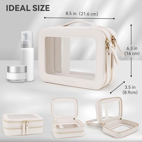Prite Double Layer Makeup Bag for Women Portable Clear Makeup Bag Cute Waterproof Travel Cosmetic Bag with Gold Zipper for Car Essentials(Beige) - color: Beige, size: Standard - Double Layer