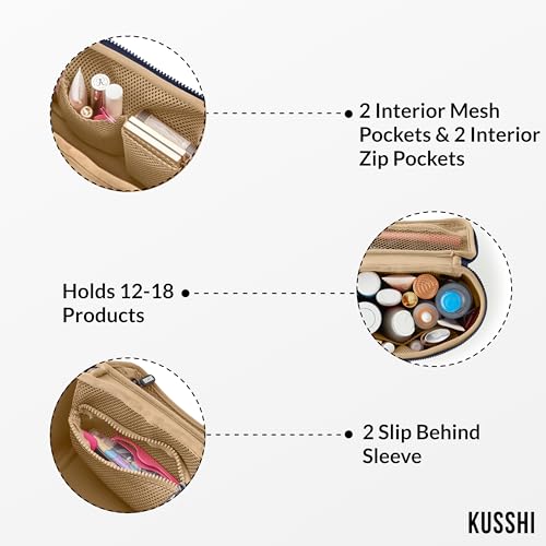 KUSSHI Neoprene Train Case Makeup Bag - Washable Makeup Travel Bag & Vanity Case for Stress Free Travel (Small, Navy/Khaki) - color: Navy/Khaki, size: Small