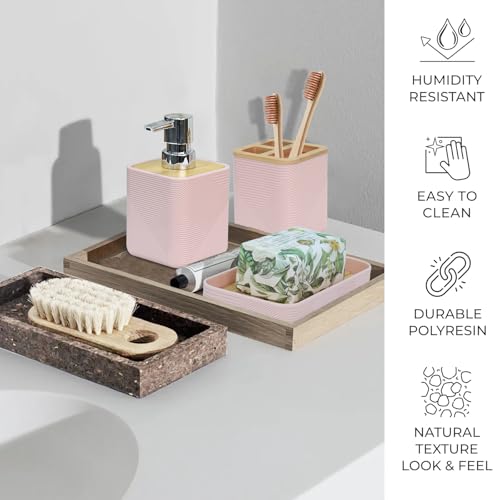 CERBIOR Bamboo Bathroom Accessories Set 6 Piece Bath Ensemble（Pink） | Includes Soap Dispenser, Toothbrush Holder, Toothbrush Cup, Soap Dish for Decorative Countertop and Housewarming Gift (Pink) - size: Complete Set, style: Pink
