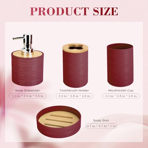 4 PCS Burgundy Bathroom Accessories Set, Includes a Soap Dispenser, Toothbrush Holder, Soap Dish and Mouthwash Cup, Plastics & Bamboo Bathroom Set, Bohemian Style Bathroom Sink Set - color: Burgundy, size: 4 PCS