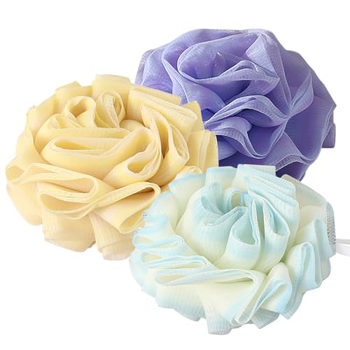 3-Pack Gradient Loofah Sponges for Women＆Men and All Skin Types＆Luxury Spa & Bath Exfoliator, Premium Exfoliating Shower and Bath Sponge Set - Purple＆Blue＆Yellow - style: 【Gradient】Purple＆Blue＆Yellow