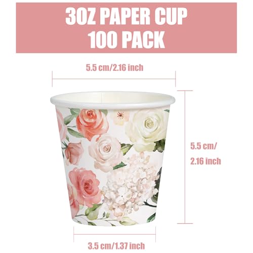 WRAPAHOLIC 3oz Flower Paper Cups - 100 Pack Disposable Bathroom Cups with Pink White Rose Floral Design, Small Mouthwash Cup for Toothbrush Rinse, Home Bathroom, Wedding and Mothers Day - color: Pink White Floral