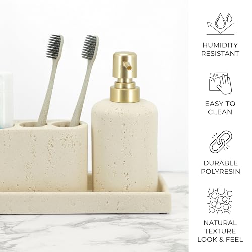 ZCCZ -Beige Bathroom Accessories Set 4 Pcs - Toothbrush Holder, Soap Dispenser, Vanity Tray, Bathroom Tumbler - Countertop Vanity Organizer - Bathroom Accessory Set- Toothbrush Holder Set, Stone Sets - color: Beige, size: 4pcs
