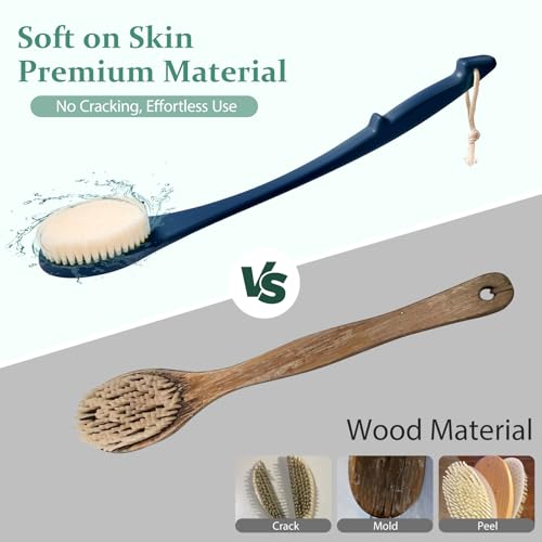 Back Scrubber for Shower, 17-Inch Shower Brush for Men and Women, Long Handle Exfoliating Body Brush, Medium Bristle Stiffness for Dry or Wet Brushing (Navy Blue) - size: 17 in - Navy Blue