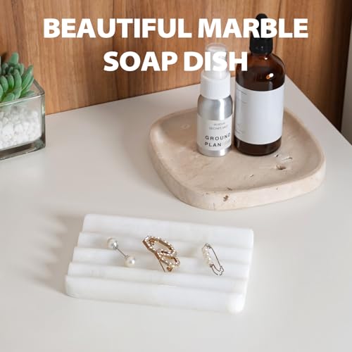 2PCS Koville African Natural Marble Soap Dish for Shower, Stone Soap Tray for Bathroom, Bar Soap Holder for Sink, Stripe Grooves Saver Keep Bars Dry Easy Clean (Namib Bianco) - color: White