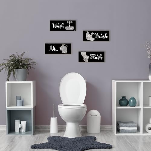 4 Pcs Silver Bathroom Decor Funny Silver And Black Wall Art Wooden Bathroom Accessories Modern Funny Glitter Set for Home Toilet 10x4 Inch - color: Silver, size: 10 X 4 Inch
