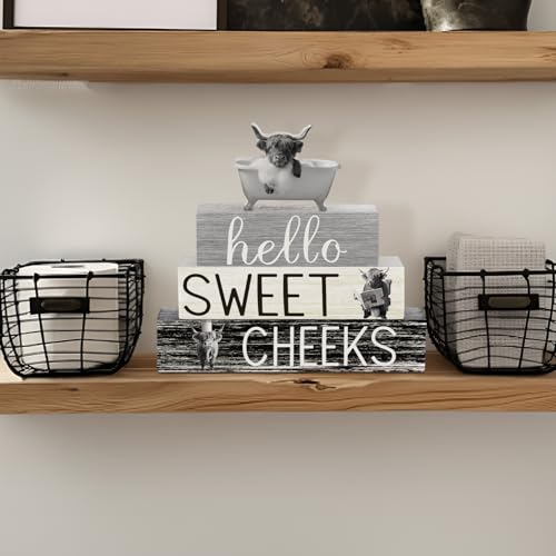 Cinnvoice 4 Pcs Funny Highland Cow Bathroom Decor Farmhouse Bathroom Decoration Western Hello Sweet Cheeks Table Centerpiece Gift for Christmas Valentines Back to School - style: Funny Highland Cow