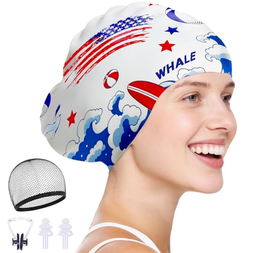 WHALE Extra Large Swim Cap Designed for Men and Women with Thick, Long Hair, Hair Extensions Or Afro-Textured Hair Long-Hair Swim Cap Highly Waterproof to Keep Hair Dry - color: USA Flag Print