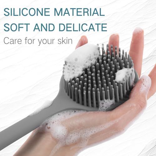 Sunnyray 2 Pack Silicone Back Scrubber for Shower with 15" Long Handle Double-Sided Bath Body Brush for Exfoliating Easy to Clean Quick Dry Deep Cleaning Lathers Well(Grey) - color: Grey