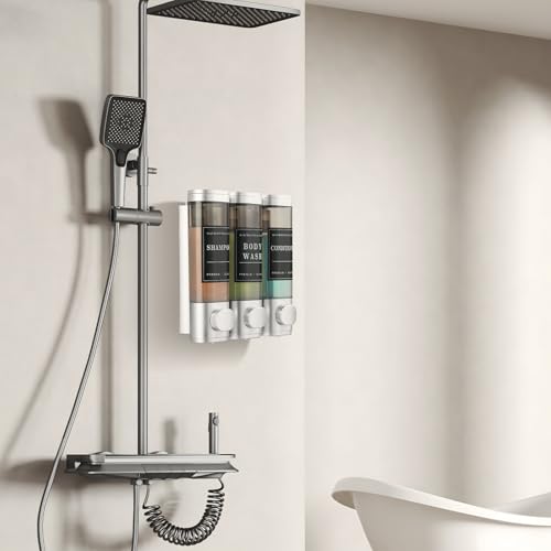 Shower Soap Dispenser Wall Mounted No Drill Shampoo Dispenser for Shower Wall Shampoo and Conditioner Dispenser Bathroom Hotel 3 * 300ml with Waterproof Labels Sliver - color: Silver