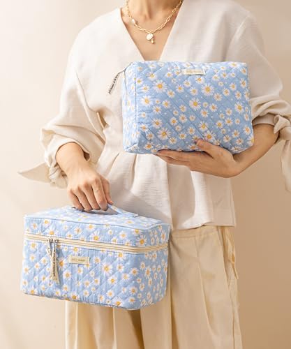 HBselect Quilted Makeup Bag, 3PCS Cotton Large Travel Makeup Bag, Cute Floral Coquette Make up Bag Cosmetic Bag Toiletry Bag for Women Girls - color: A-3PCS-Daisy