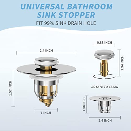 Universal 2 in 1 Bathroom Sink Stopper, Pop Up Bathroom Sink Drain Strainer with Anti-Clogging Filter Basket, Bathroom Drain Stopper Sink Plug for 1.06"-1.65" Basin Drain Holes - color: Chrome Silver