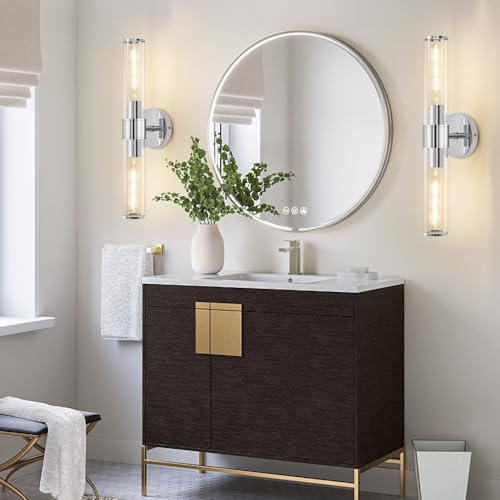 Hardwired Chrome Bathroom Vanity Light Clear Glass Wall Sconce | Up & Down Bidirectional Lighting, Damp Rated For Bathrooms, Dimmable, Rustproof Metal, 3-Year Manufacturer Warranty - color: Chrome-A