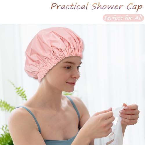 Reusable Shower Cap for Women – Large Waterproof Satin Shower Bonnet for Long, Curly & Braided Hair, Washable Bath Hair Cover, Black + Pink - color: Black + Pink