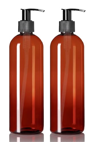 ljdeals 16 oz Amber Plastic Bottles with Pumps, Soap Dispenser, Slim, Tall Squeezable Refillable Containers for Shampoo, Lotion, Cream and More… Pack of 2, BPA Free, Made in USA