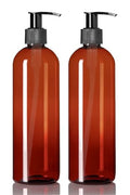 ljdeals 16 oz Amber Plastic Bottles with Pumps, Soap Dispenser, Slim, Tall Squeezable Refillable Containers for Shampoo, Lotion, Cream and More… Pack of 2, BPA Free, Made in USA