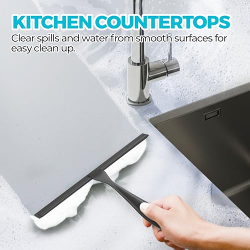 ALFLOD Shower Squeegee for Glass Doors, Tile Walls, Mirrors and Windshields | 9.5" black, bathroom accessories, window cleaner, new home essentials, silicone blade, metal handle, adhesive hook - color: Black, size: 9.5 inch