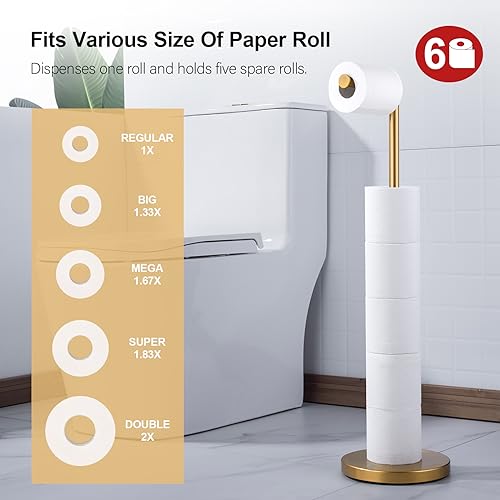 BAGNOLUX Bathroom Toilet Paper Holder Stand with Reserve, SUS304 Stainless Steel Rustproof Pedestal Tissue Roll Holder Heavy Duty (Brushed Brass) - color: Brushed Brass