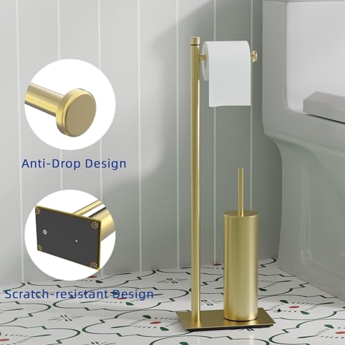 RUACQ Toilet Paper Holder Stand with Toilet Brush and Holder Set, 304 Stainless Steel Bathroom Toilet Tissue Paper Roll Holder Free Standing, Weighted Base, Heavy Duty (Brushed Gold) - color: Brushed Gold, size: Free standing