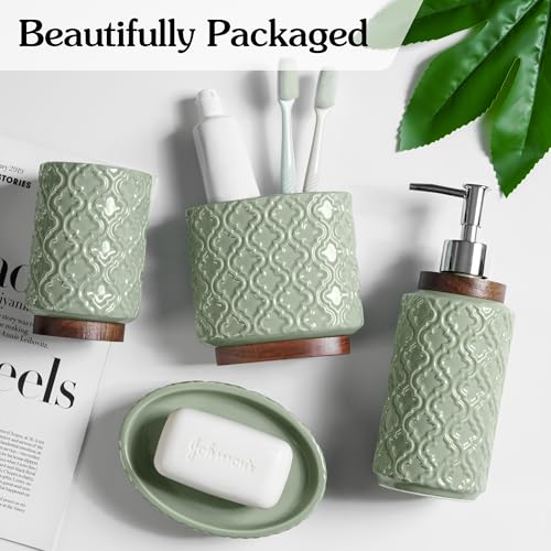 RQYIXI 4 Piece Bathroom Accessories Set, Green Ceramic Bath Accessory Set with Wood Accents, Soap Dispenser, Toothbrush Holder, Tumbler and Soap Dish, Elegant Bathroom Countertop Decor - color: Green