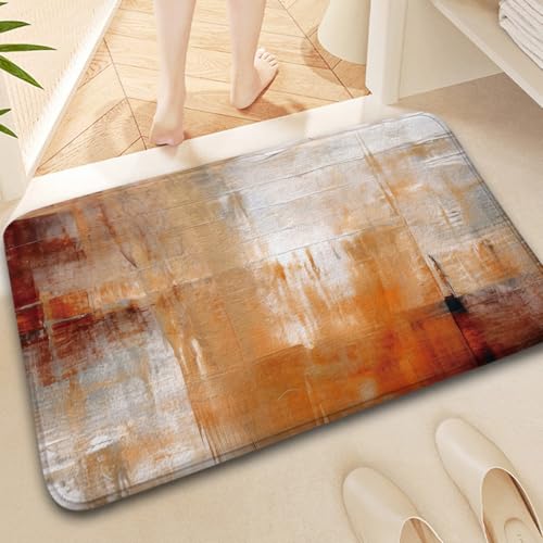 Orange Brown Grey Abstract Bath Rug, Non-Slip Microfiber Soft Plush Modern Bathroom Mat Carpets Floor Mat for Bedroom Kitchen Bathroom Toilet 17x29 Inch - color: Orange