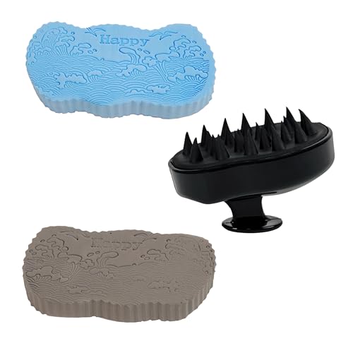 Magic Exfoliating Bath Sponge & Scalp Massager Set (2 Sponges, 1 Scrubber), Body Scrubber & Silicone Scalp Brush for Deep Cleansing, Dandruff Care & Relaxation