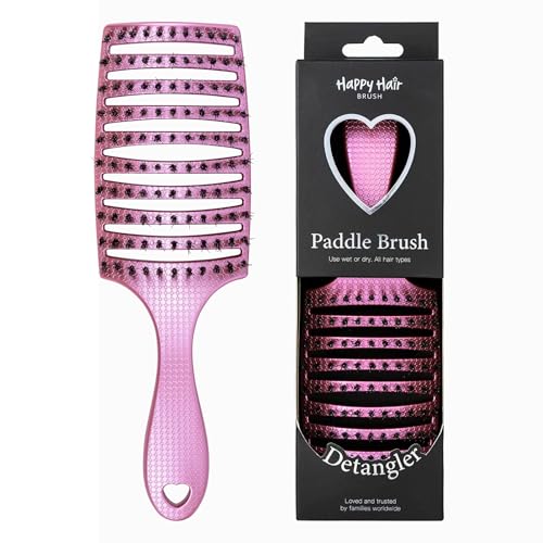 HAPPY HAIR BRUSH Happy Detangler Paddle Brush with Boar Bristles & Nylon Pins | Designed by Women to Detangle & Smooth Thick, Fine or Curly Hair | Pain-Free Slick Back Brush, Ultra Lightweight (Pink) - color: Pink