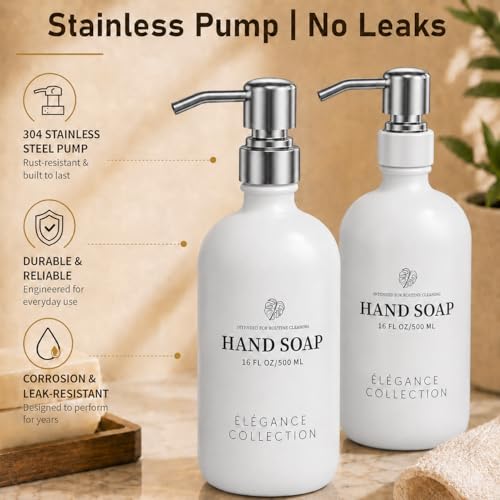 Fachixy White Glass Soap Dispenser (2 Pack), 16 Fl Oz Hand & Dish Soap Dispenser Bottles Set with Rust-Resistant Stainless Steel Pump, Non-Slip Pad, 14 Waterproof Labels for Kitchen and Bathroom - color: Off-white