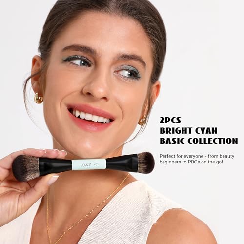 Jessup Makeup Brushes 2pcs Double Sided Foundation Brush Contour Brush Dual Ended Eye Blending Brush, Multi-functional Cosmetic Brush Bright Cyan T502 - style: 2pcs-T502