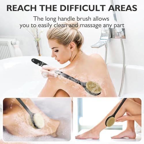 Back Scrubber for Shower, Anti-Slip Long Handle Shower Brush with Soft & Stiff Bristles, Body Exfoliator for Shower, Bath, or Dry Use (Black) - size: 17 in - Black