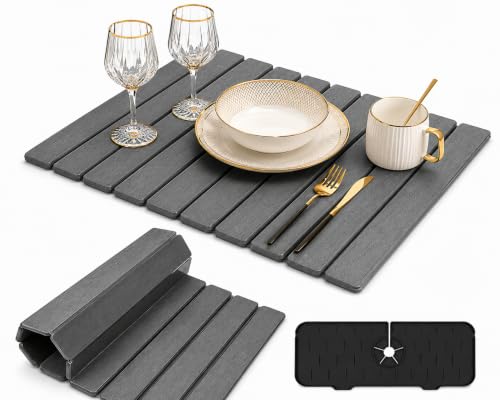 Stone Dish Drying Mat for Kitchen with Sink Splash Guard Counter, Foldable Quick Dry Dish Drying Mats, Absorbent Diatomaceous Earth Stone Drying Mats for Plate Rack Bottles Cups (Gray, 18"L×12"W)