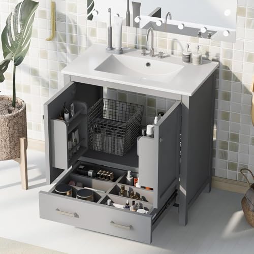 Linique 30" Bathroom Vanity with Sink Combo Set, Solid Wood Frame Bathroom Storage Cabinet with 2 Soft Closing Doors and a Drawer, Multifunctional Storage, Grey - color: Grey